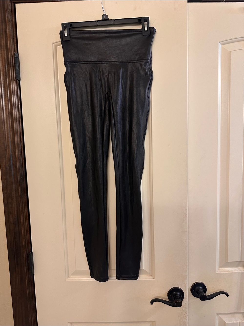SPANX Black Faux Leather Leggings with Red Brand Tag